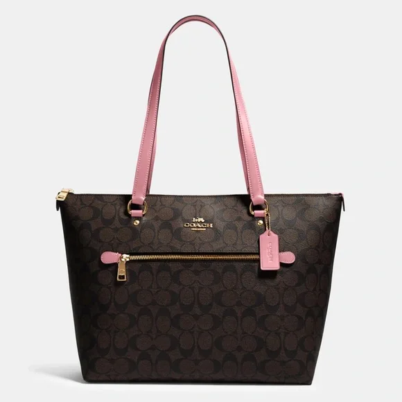 Coach Signature Gallery Tote Brown with Pink Handles - Picture 3 of 12